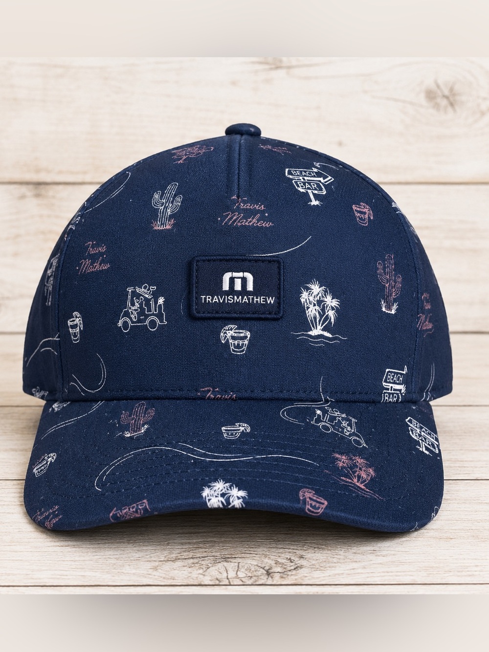TravisMathew Flexfit Golf Hat One Ten Tech Navy Palm Tree Golf Cart Snapback Cap